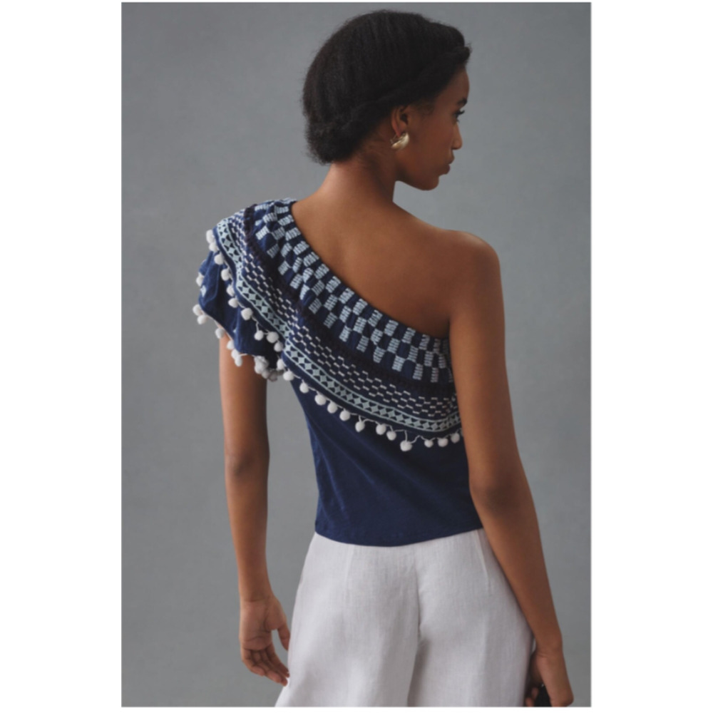NWT Anthropologie Pom Tassel One Shoulder Blue Top Large L Boho $88 Blue A30 - Picture 2 of 8